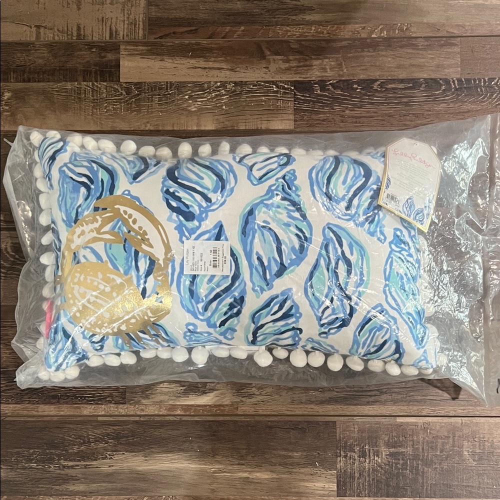 Lilly Pulitzer Blue Shells and Gold Crab Accent Pillow with Pom-Poms